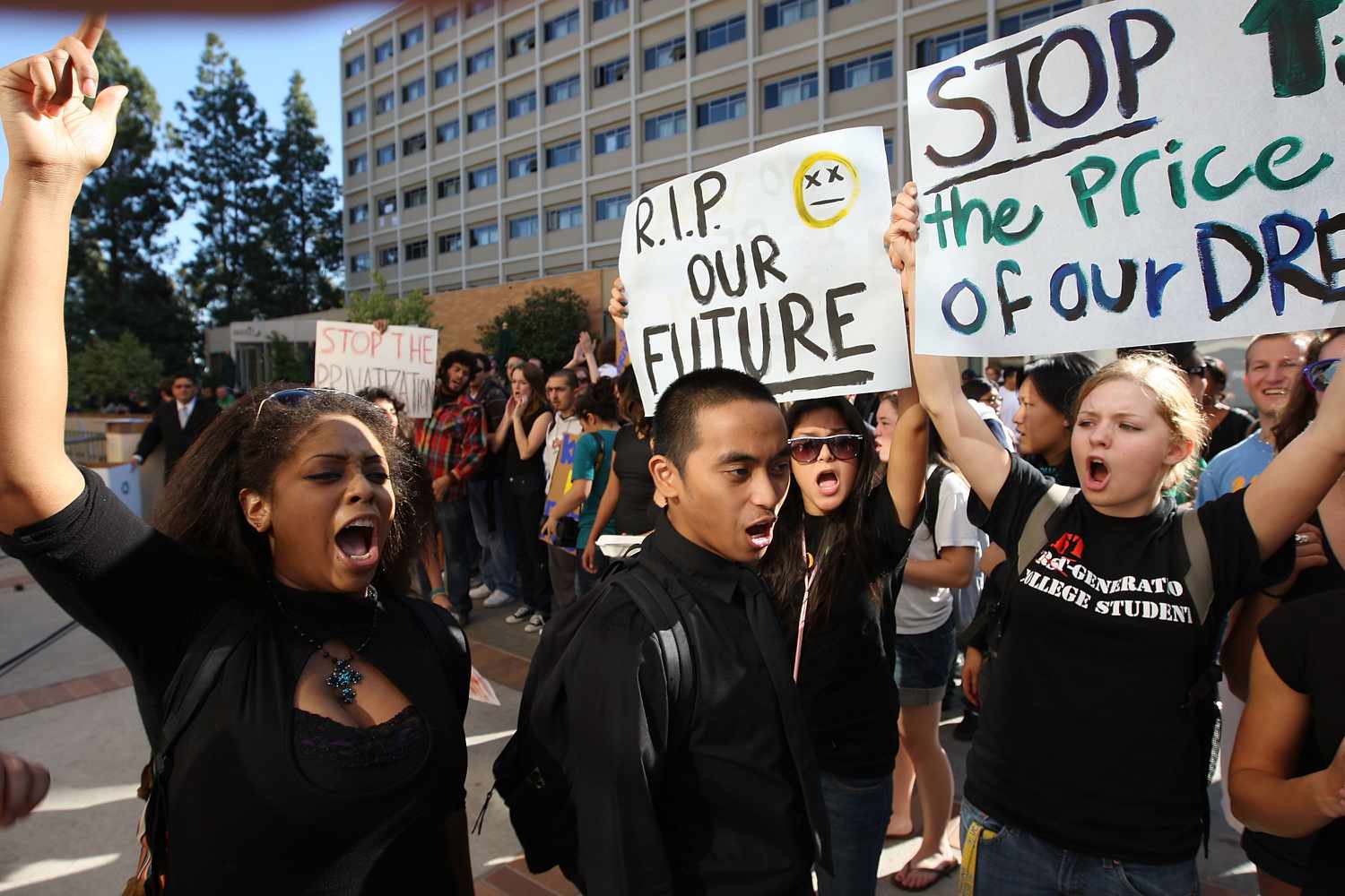University of California Los Angeles (UCLA) students and supporters protest as the UC Board of Regents votes to approve a 32 percent tuition hike next year on November 19, 2009 in Los Angeles, California. 