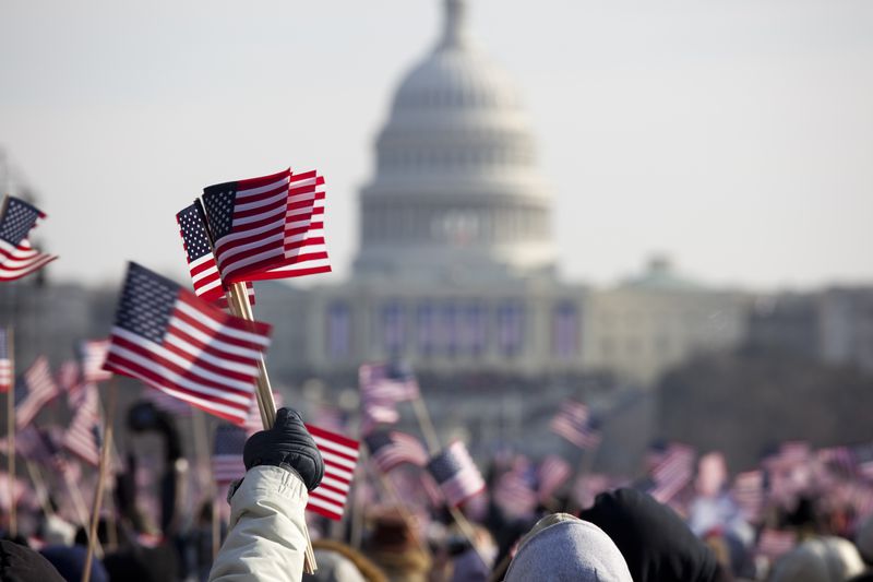 The inauguration of President Barack Obama, January 20th 2009. Unrecognizable crowds in the Washington DC Mall. 