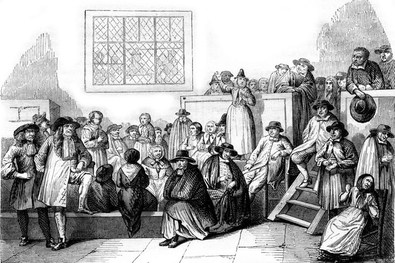 Engraving of a Quaker meeting in the 18th century