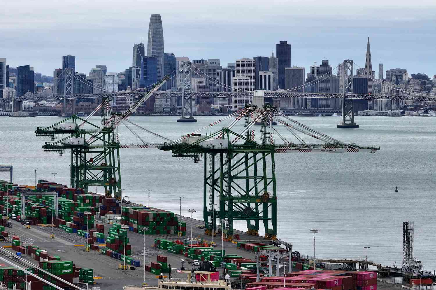 Shipping cranes sit idle at the Port of Oakland on February 03, 2025 in Oakland, California.