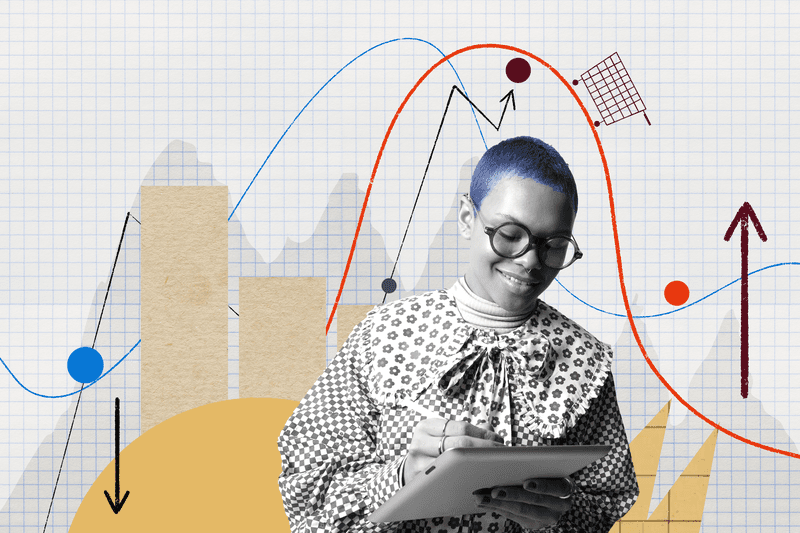 Illustration and photo composite of a person with short hair writing on a tablet with a stylus. 
