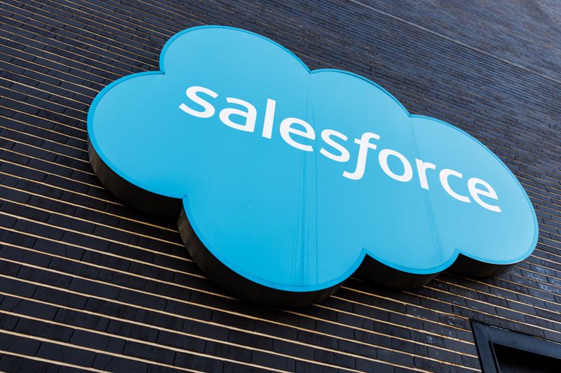 The Salesforce logo and lettering can be seen on the facade of the company's Munich headquarters