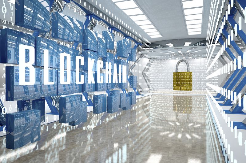 Digital room with padlock and word blockchain.