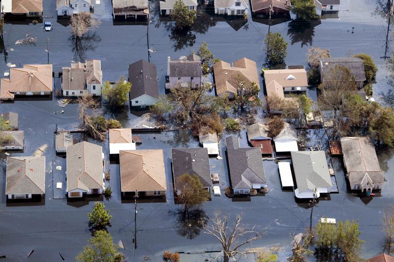 An aerial view of flooded houses in New Orleans after Hurricane Katrina.