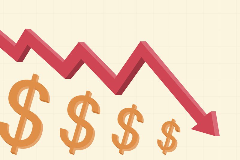 abstract financial chart with red color 3d Downtrend line arrows go down with dollar sign on yellow color background