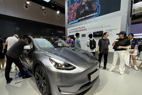Tesla Model Y is on display during the 2024 World AI Conference & High-Level Meeting on Global AI Governance at Shanghai World Expo Exhibition and Convention Center on July 6, 2024 in Shanghai, China