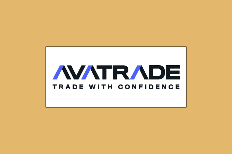 Image shows AvaTrade's logo in a white rectangle box against a mustard-colored background. 