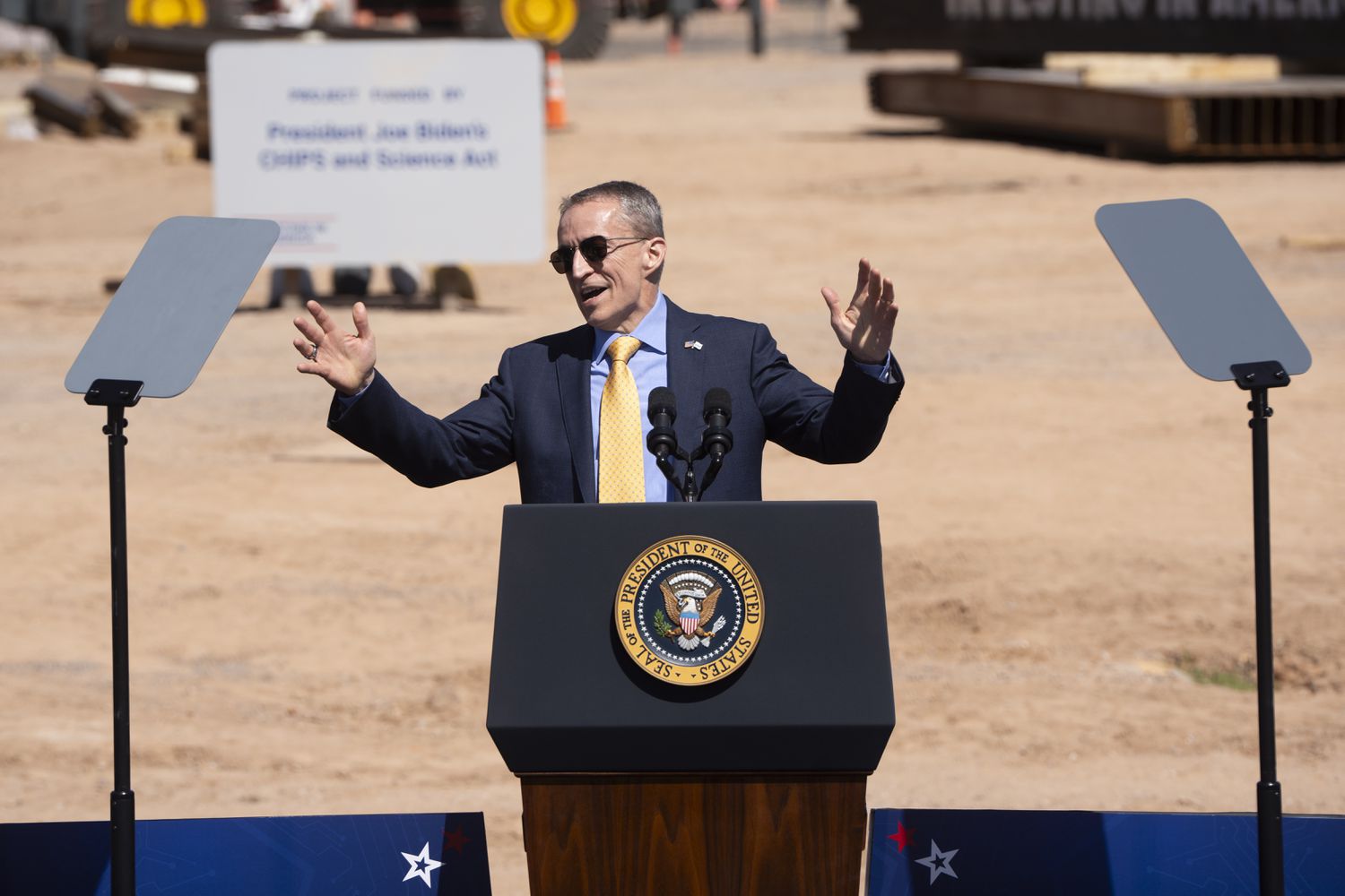 Intel's then-CEO Patrick Gelsinger speaks prior to President Joe Biden's remarks at Intel Ocotillo Campus on March 20, 2024 in Chandler, Arizona.
