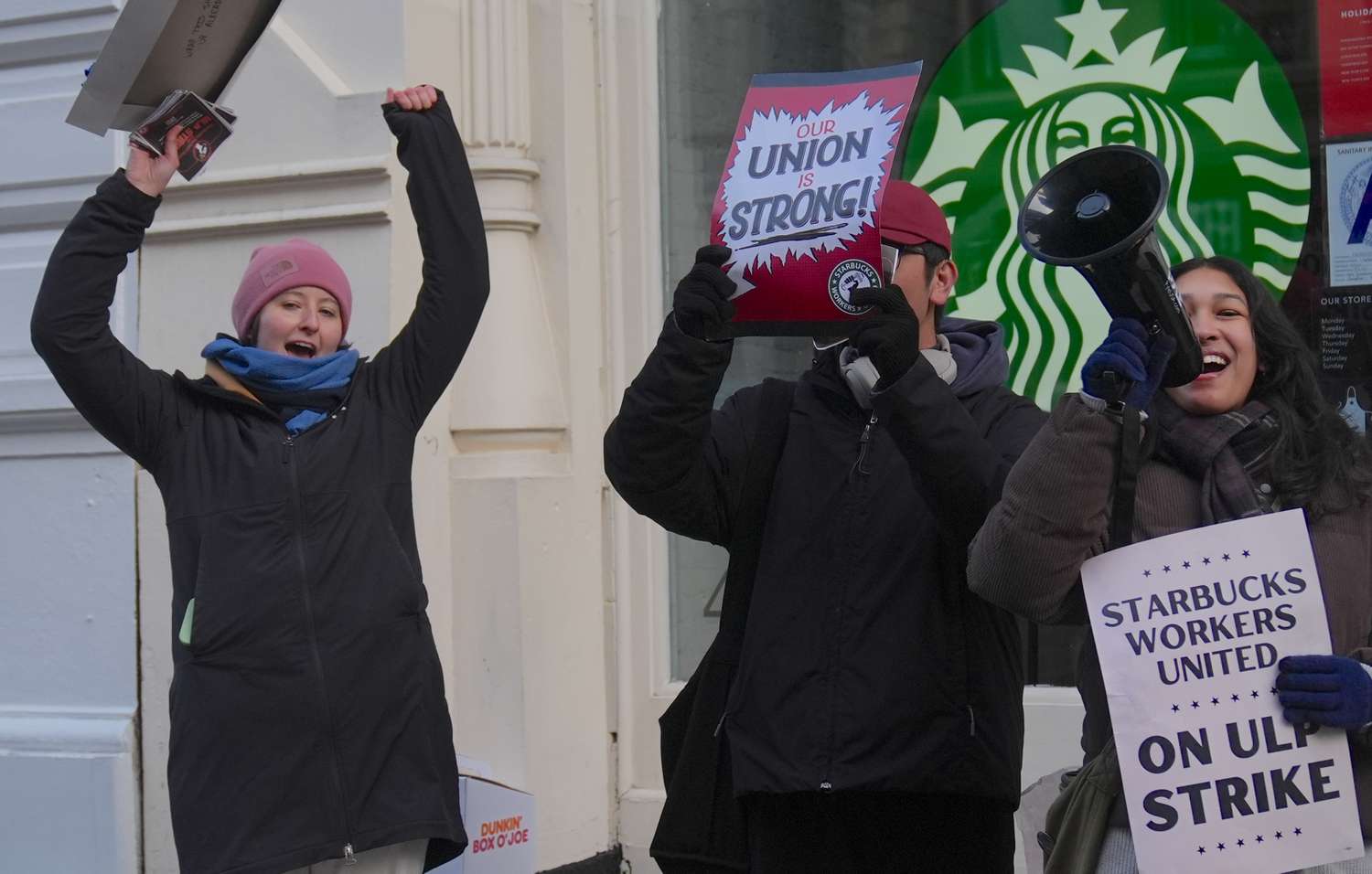 Starbucks employees from the store located on Broadway in Soho support the 5-day strike initially launched by baristas of the American coffee chain Starbucks, in New York on December 23, 2024