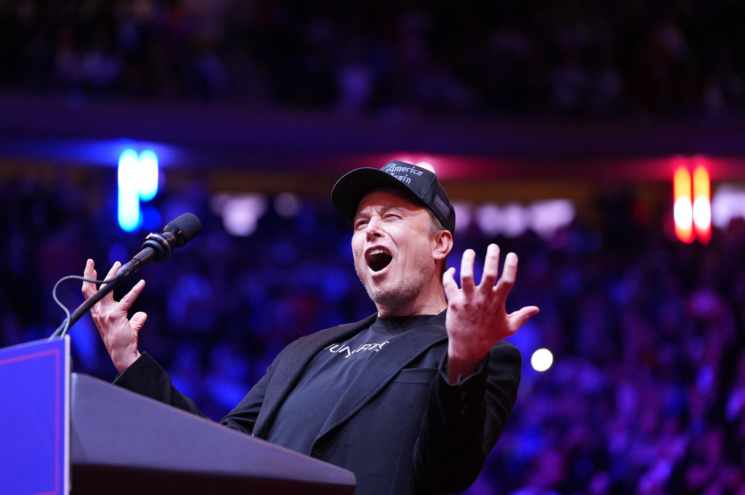 Elon Musk on stage before Republican presidential nominee former President Donald Trump speaks at a rally at Madison Square Garden.