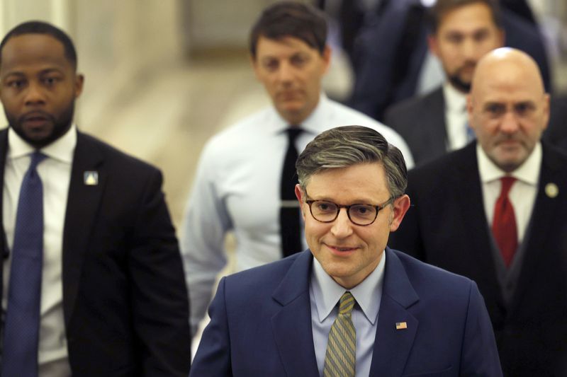 Speaker of the House Mike Johnson (R-LA) returns to the U.S. Capitol Building after a meeting at the White House on May 21, 2025 in Washington, DC. 