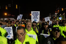 Workers picket outside of the APM container terminal at the Port of Newark in Newark, New Jersey, on Oct. 1, 2024