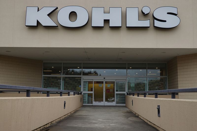 The white Kohl's logo is seen above the entrance to a store.