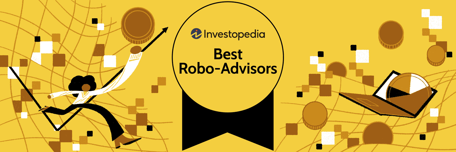 Custom image shows Investopedia Best Robo-Advisors badge in the center of a yellow background with coins scattered around, and a laptop on the right and woman on the left.
