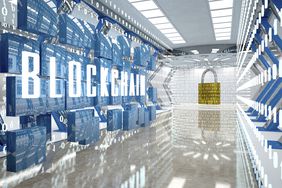 Digital room with padlock and word blockchain, 3d illustration