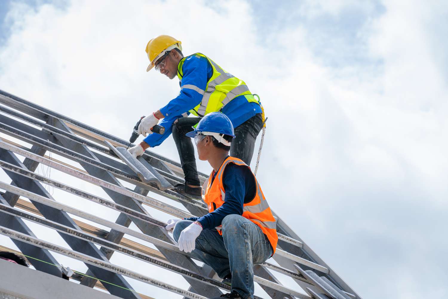 Construction workers on a roof
