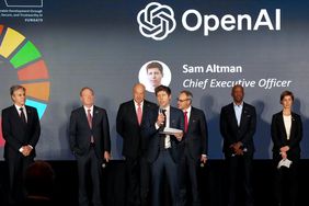 OpenAI Chief Executive Officer Sam Altman (C) speaks at the Advancing Sustainable Development through Safe, Secure, and Trustworthy AI Event at Grand Central Terminal on September 23, 204 in New York