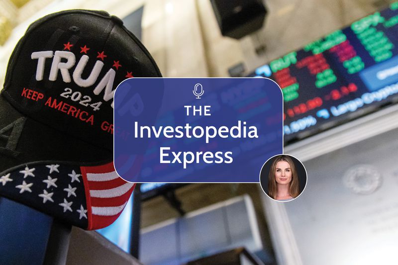 Image of a Trump 2024 hat and the stock market indices in the background