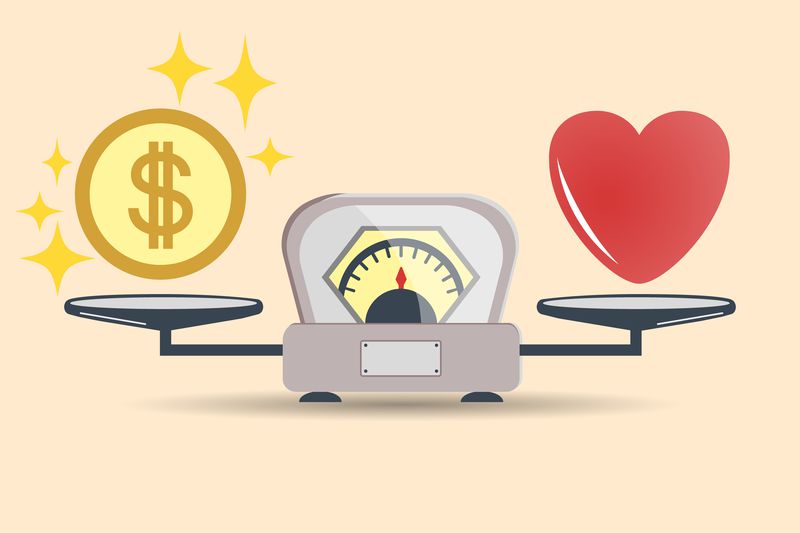 Heart and money for scales icon. Balance of money and love in scale. The concept of choice. Scales with love and money coins. Vector isolated color of the sign.
