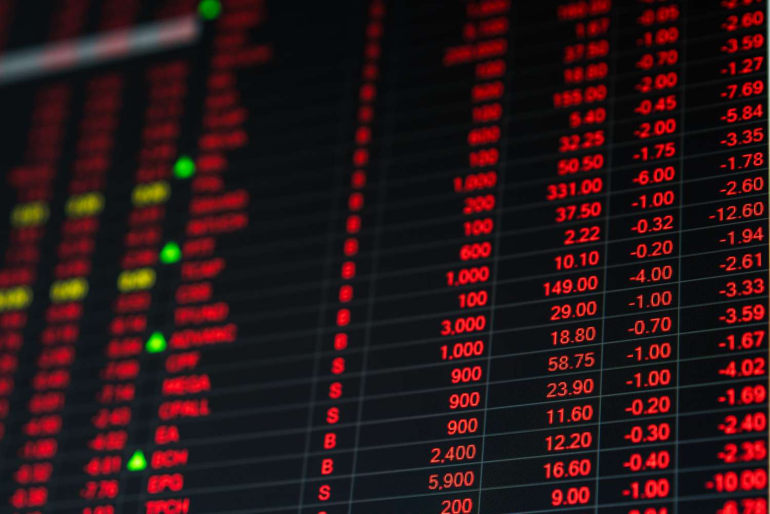 Stock market board showing all red, indicating a market crash where stock prices are dropping abruptly. 