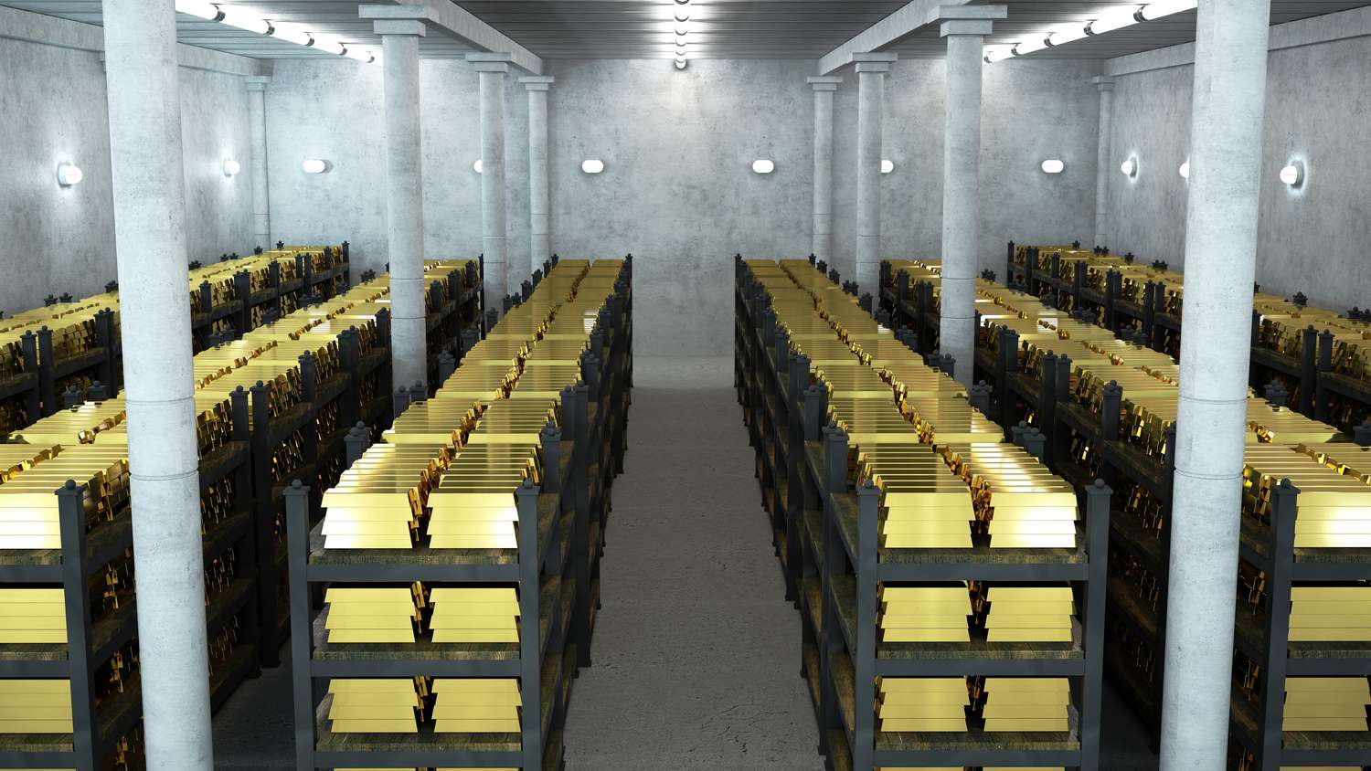 Rows of storage racks hold gold bars belonging to a customer in a brightly lit vault