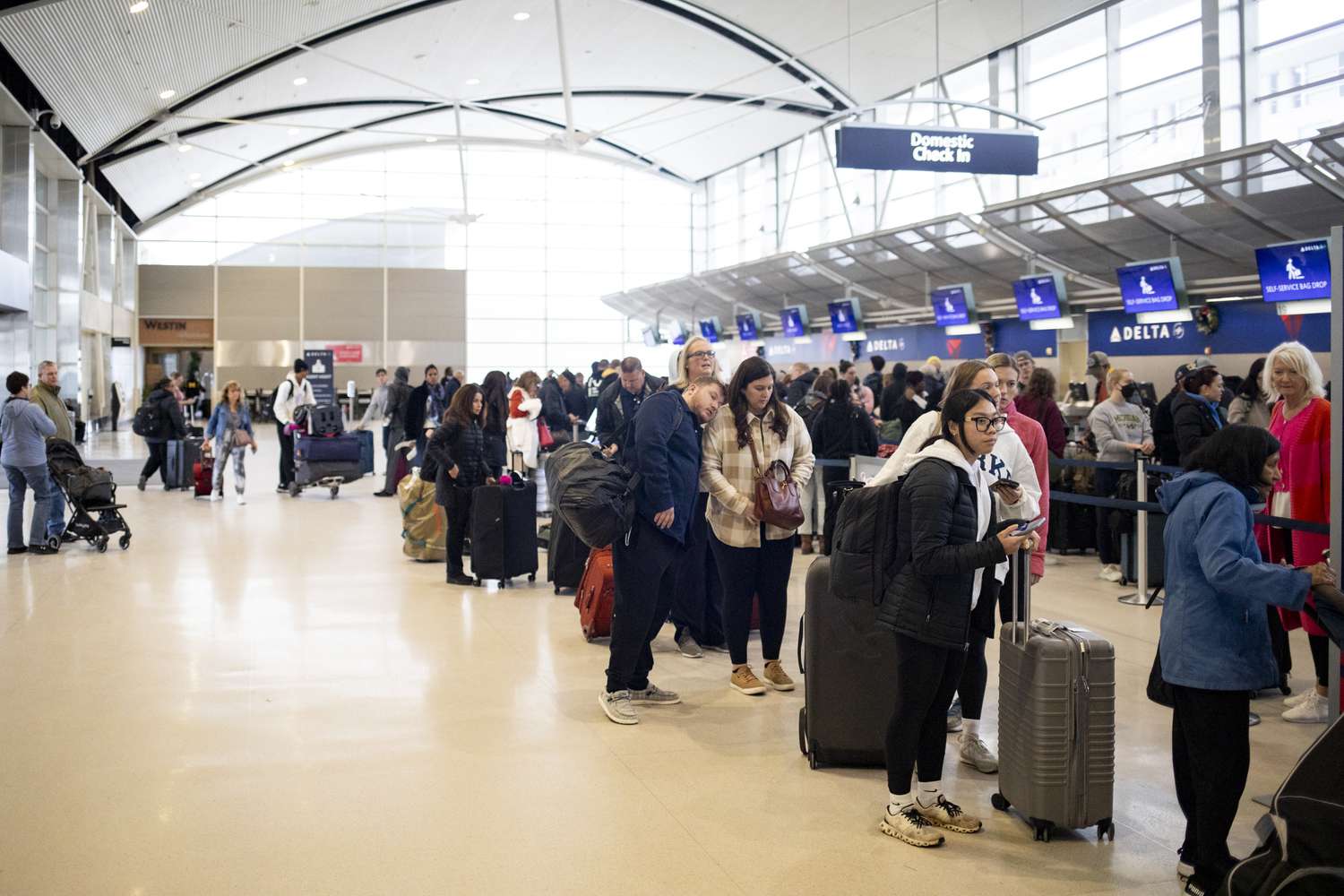 Travelers wait in line for departures at the Detroit Metropolitan Wayne County Airport on Dec. 1, 2024 in Romulus, Michigan