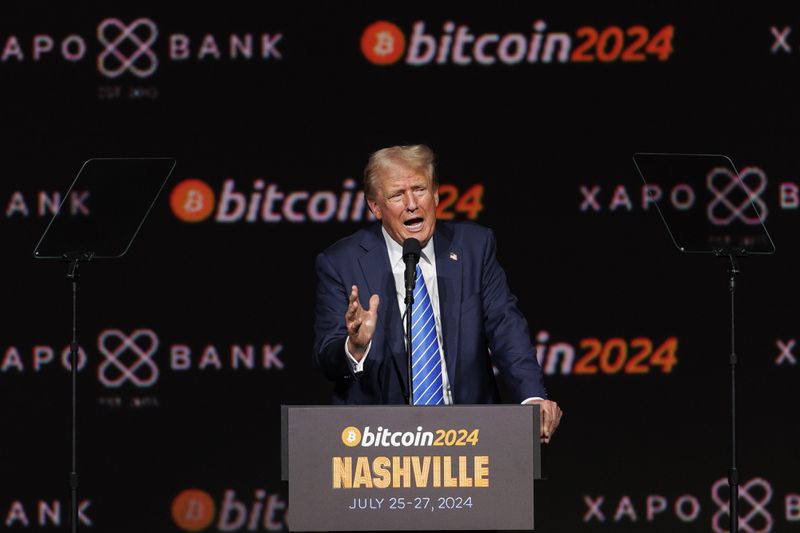 US President Donald Trump speaks at the Bitcoin 2024 conference in Nashville.