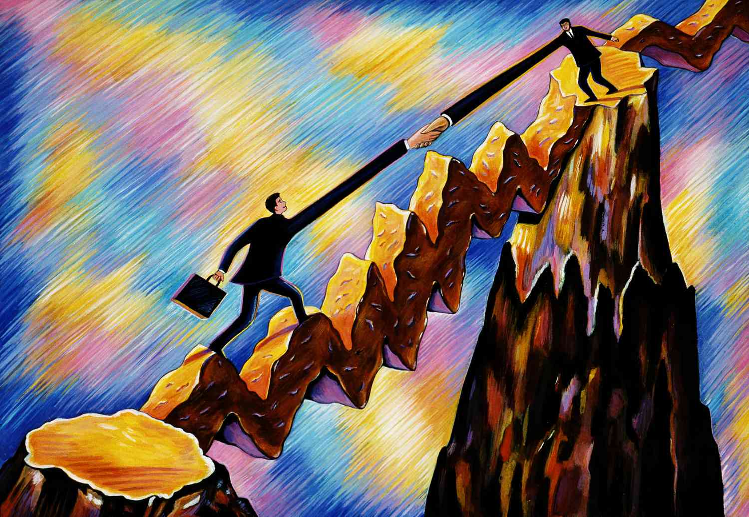 Two businessmen stretch to shake hands on stone graph line (illustration)