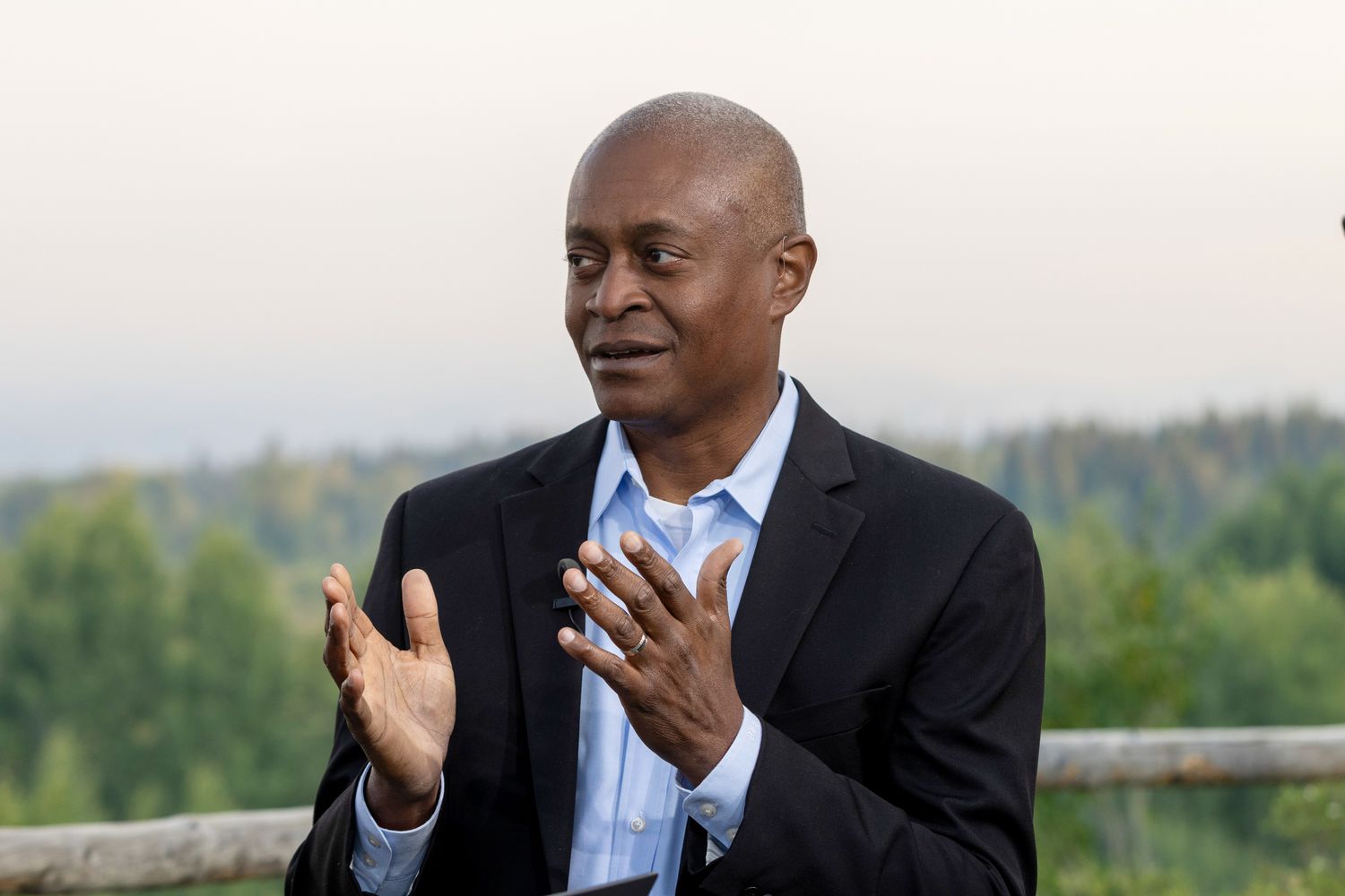 Raphael Bostic, president and chief executive officer of the Federal Reserve Bank of Atlanta, during a Bloomberg Television interview at the Kansas City Federal Reserve's Jackson Hole Economic Policy Symposium in Moran, Wyoming, US, on Friday, Aug. 23, 2024.