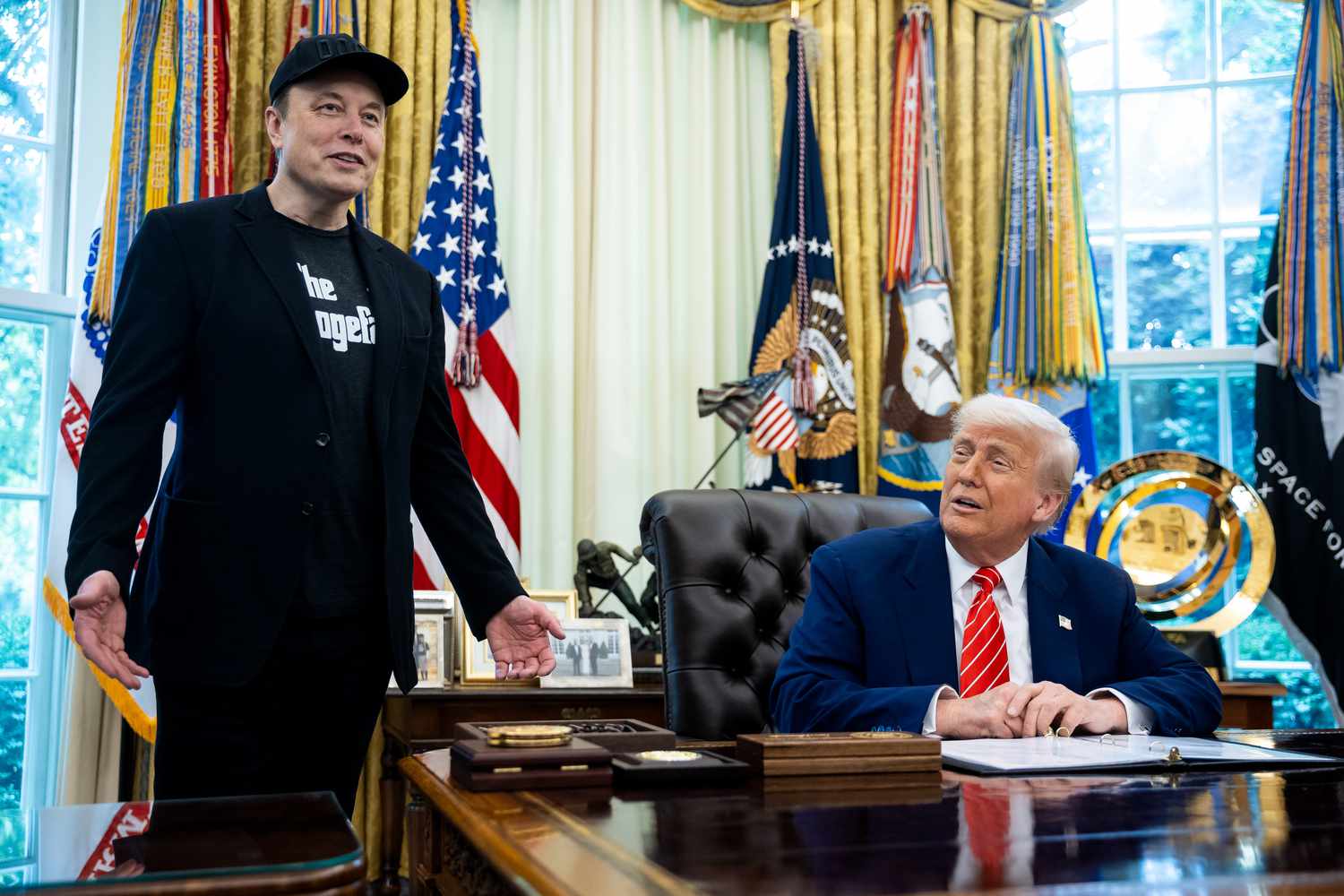 President Donald Trump, right, and Elon Musk, chief executive officer of Tesla Inc., during a news conference in the Oval Office of the White House in Washington, DC, US, on Friday, May 30, 2025.