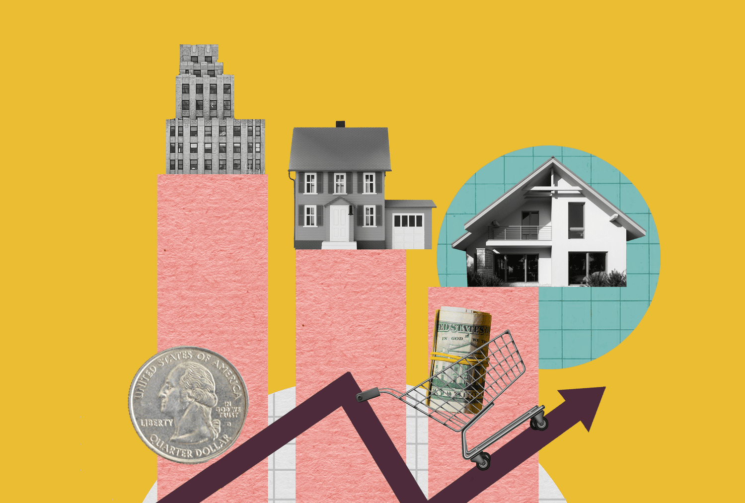 Collage of an arrow going up with houses and a shopping cart.