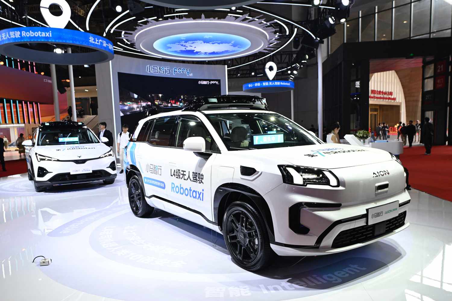 A Pony.ai AION robot taxi is displayed during the 21st Shanghai International Automobile Industry Exhibition at the National Exhibition and Convention Center in Shanghai.