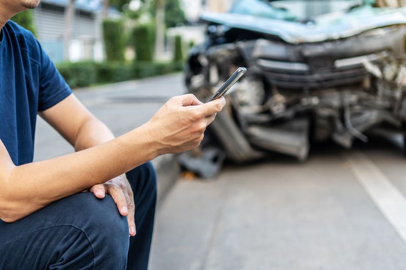 A person looks at their phone while their totaled car is in the background