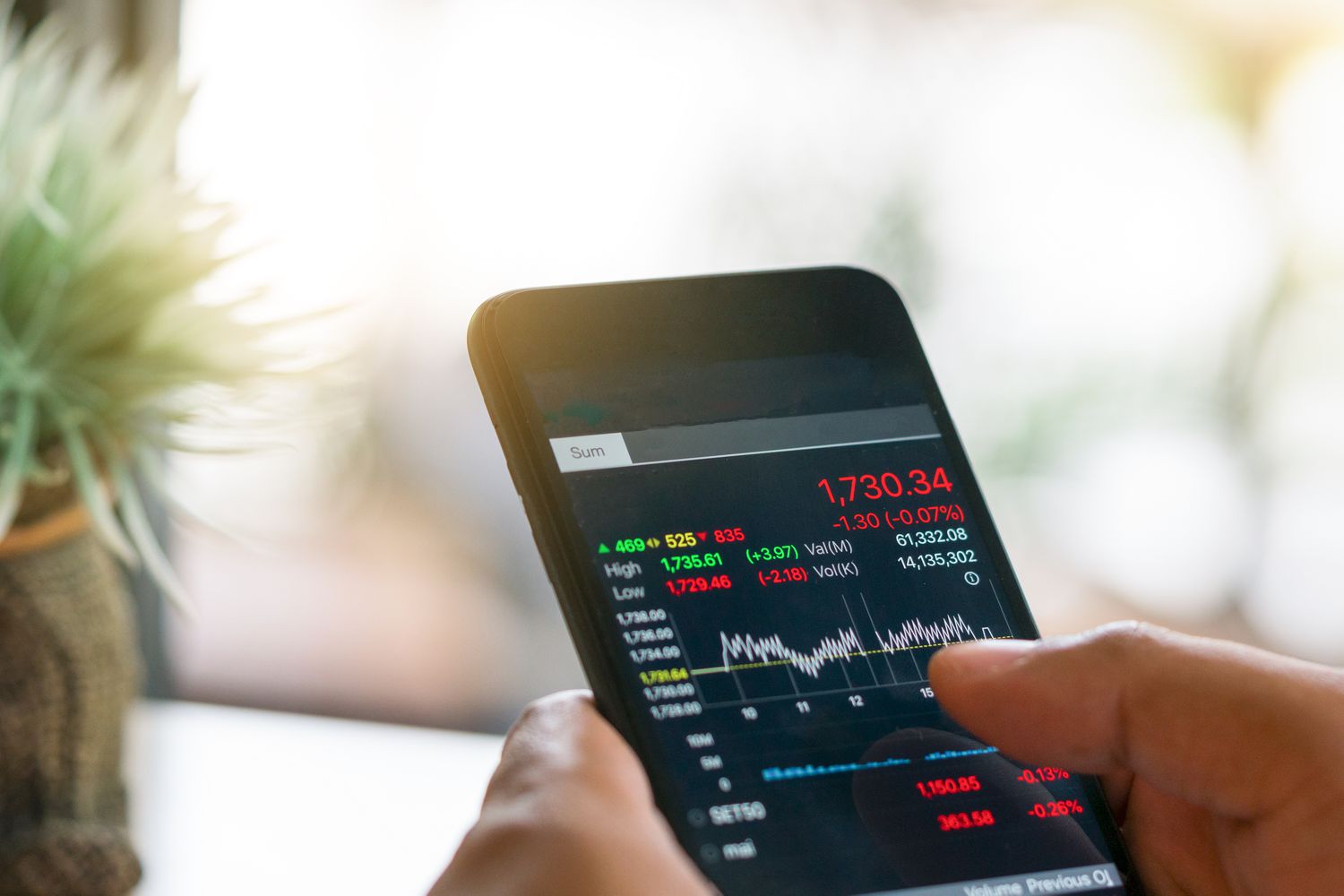 Two hands holding a smartphone with stock chart on screen