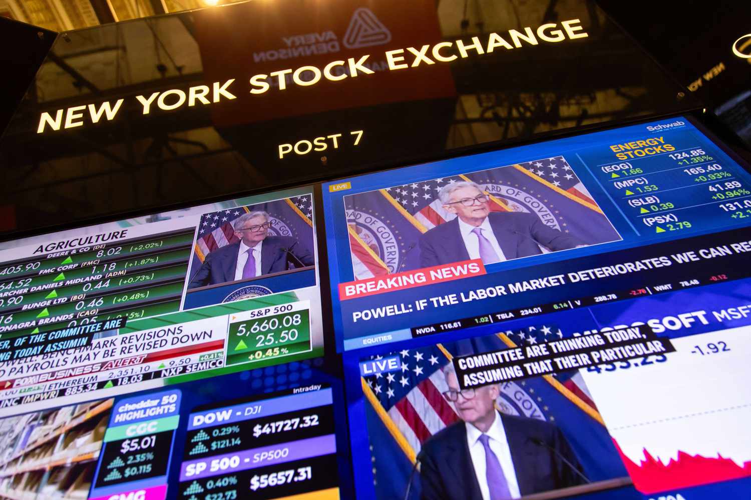 Television stations broadcast Jerome Powell, chairman of the US Federal Reserve, speaking after a Federal Open Market Committee meeting on the floor of the New York Stock Exchange.