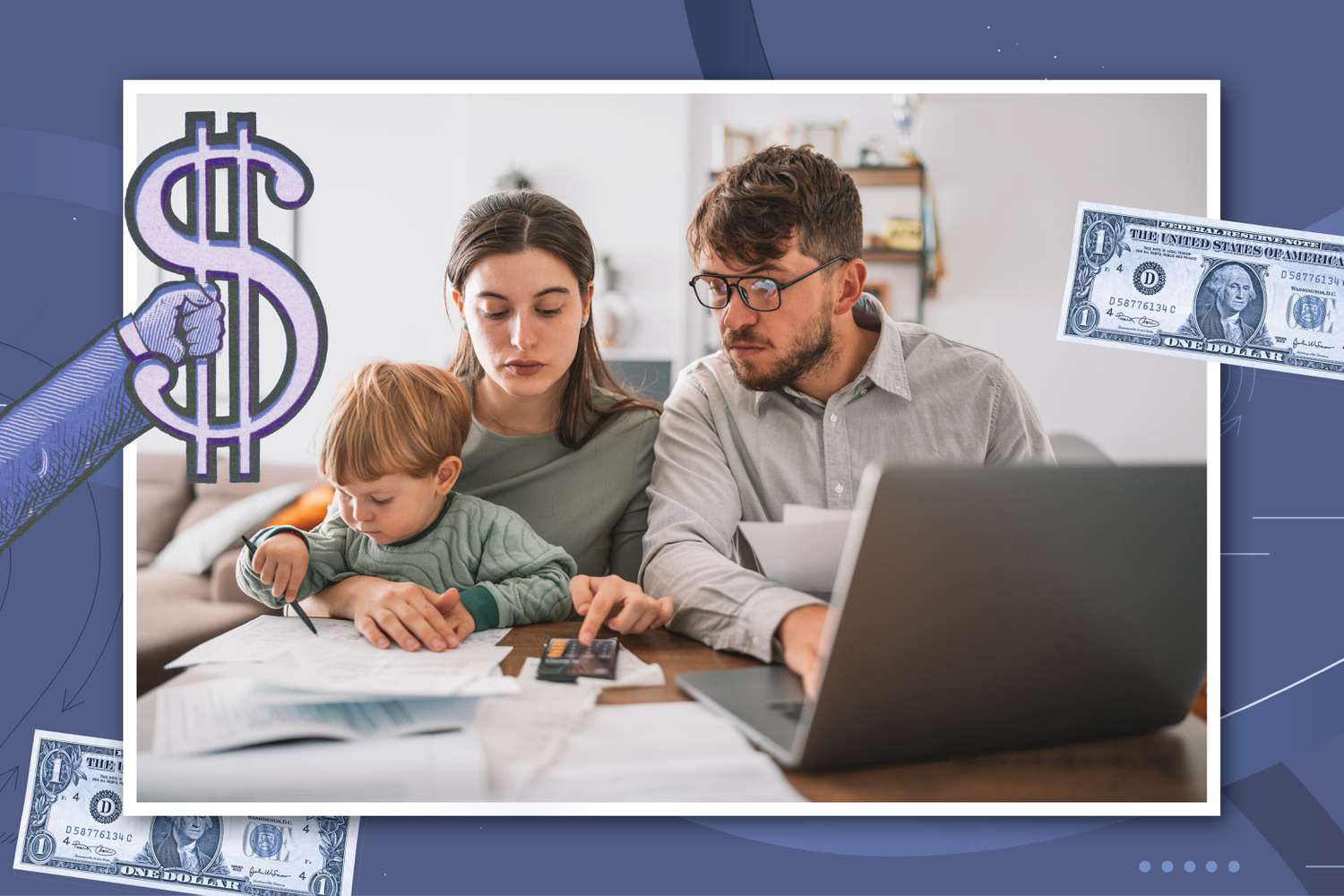 illustration showing a couple, with a a child discussing family finances