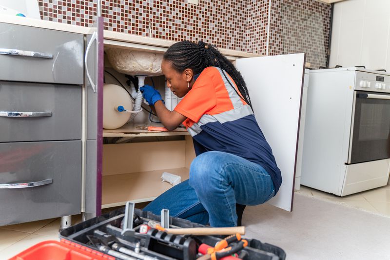 Black plumber in uniform sitting on the floor in kitchen and fixing pipe