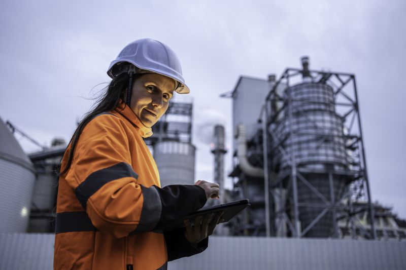 Female working on an oil refinery