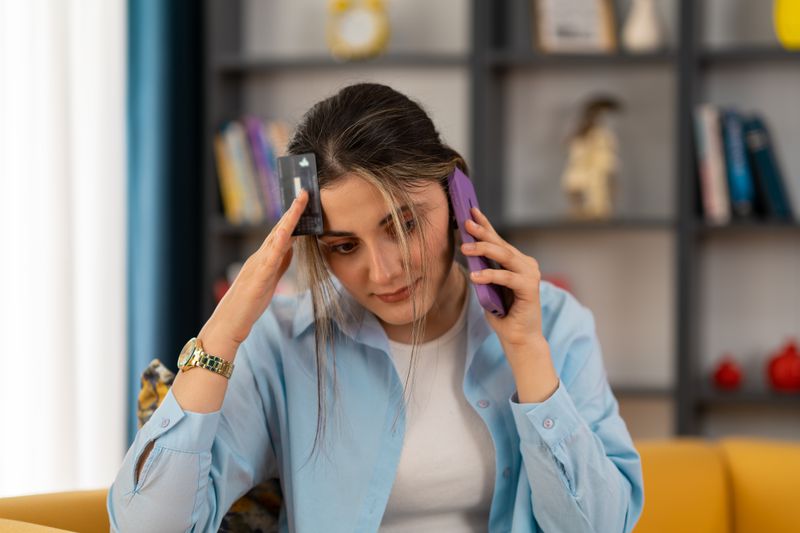 A stressed victim of synthetic identity theft on the phone with a bank