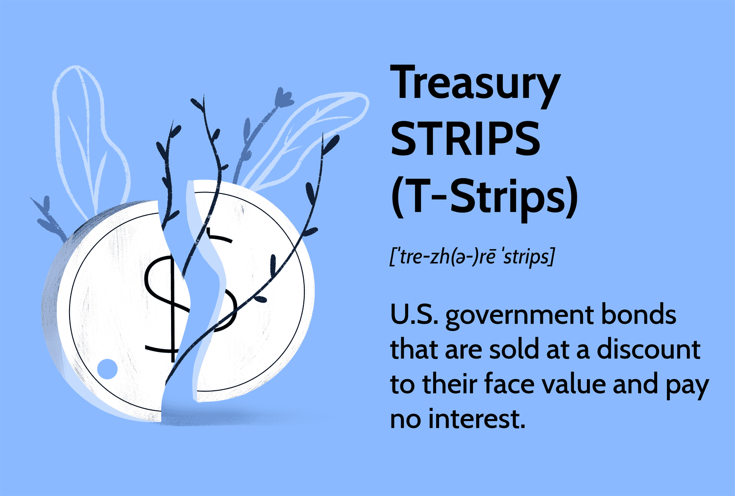 Treasury STRIPS (T-Strips): U.S. government bonds that are sold at a discount to their face value and pay no interest.