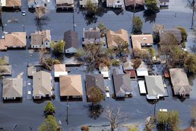 An aerial view of flooded houses in New Orleans after Hurricane Katrina.