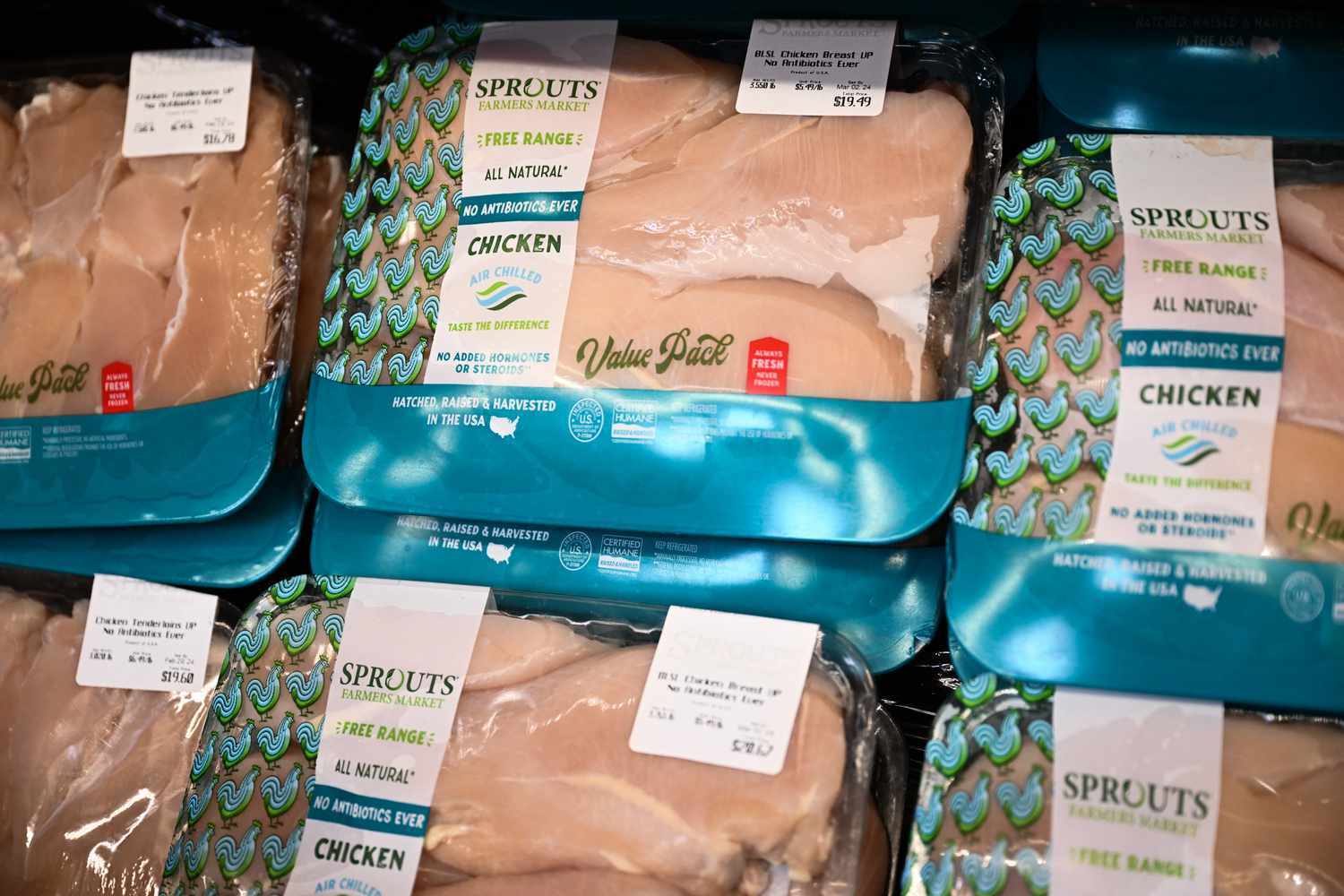 Packs of chicken for sale at a Sprouts Farmers Market store in California. 