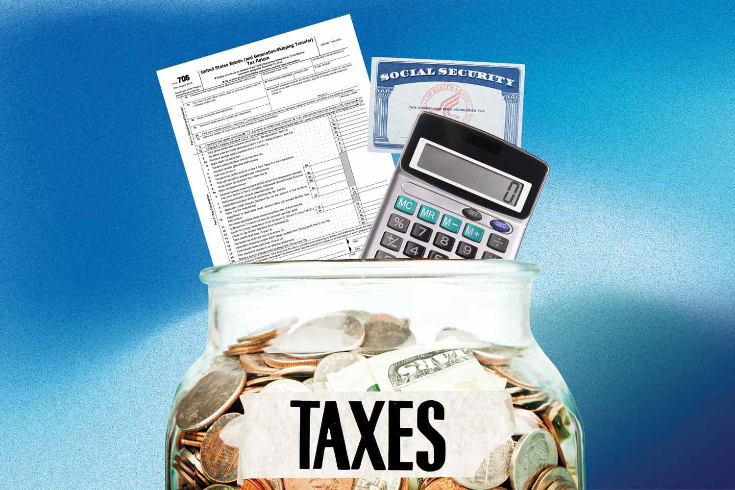 In this photo composite, a jar labeled "taxes" contains money, a calculator, a tax form and a social security card.