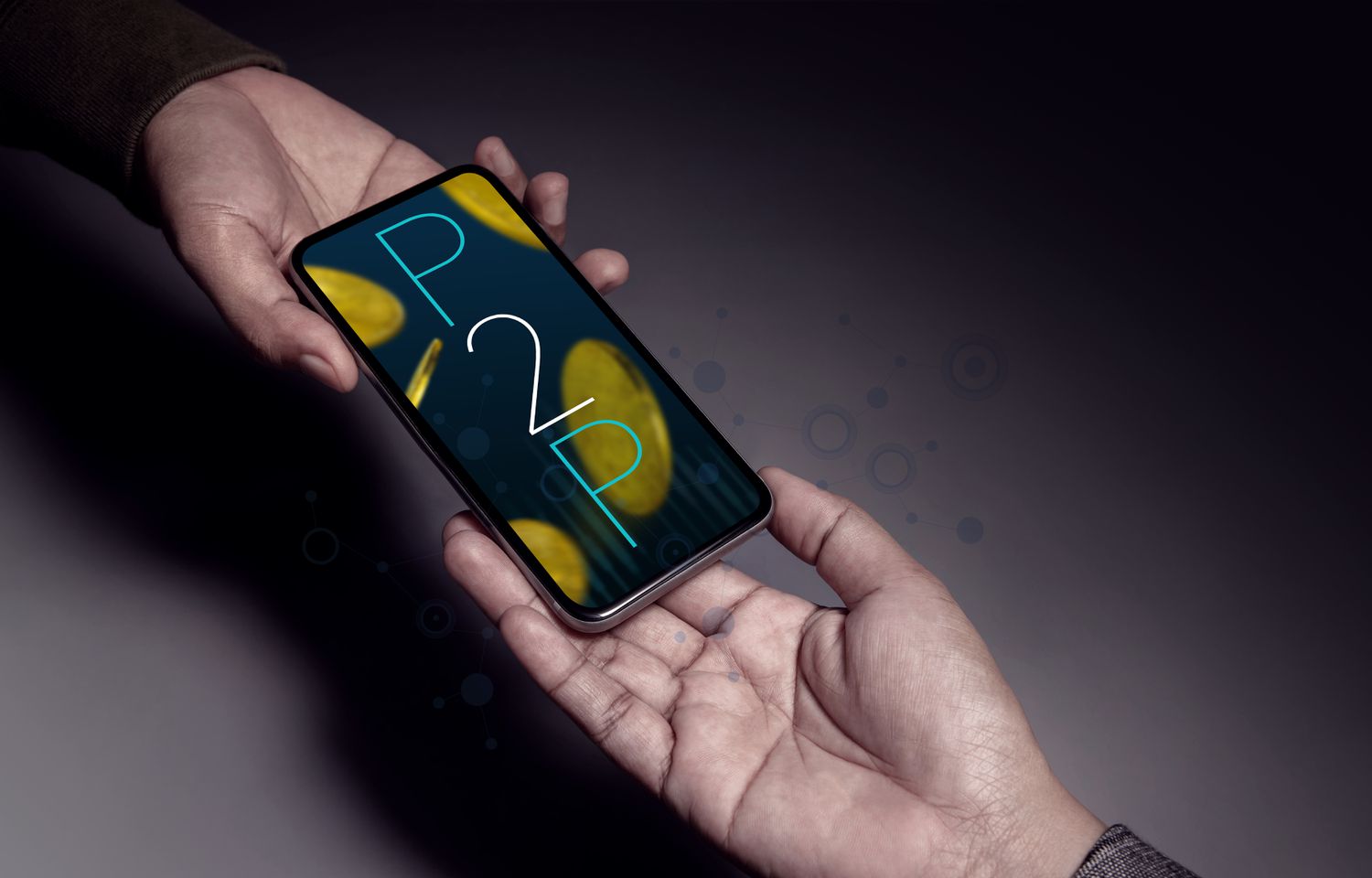 A phone being passed between two hands shows the abbreviation for peer-to-peer