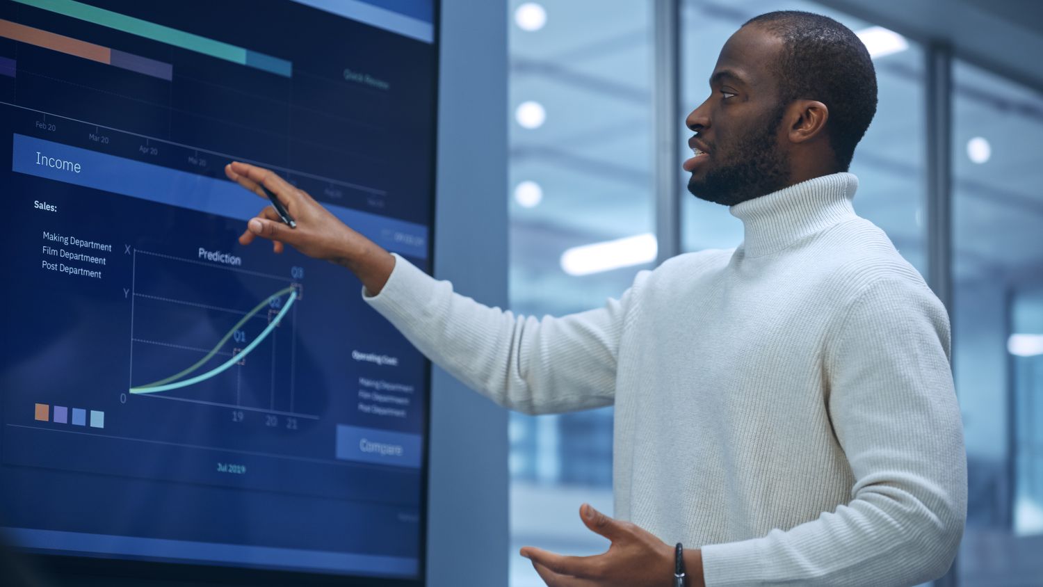 An analyst talks in front of a screen displaying quarterly results of a company they are recommending for an upgrade from hold to buy.