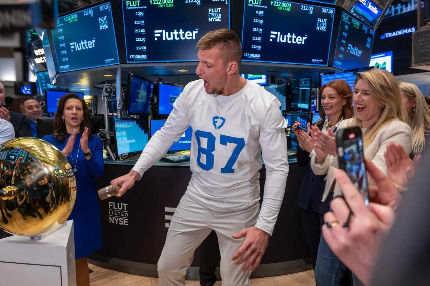 Former NFL tight end Rob Gronkowski celebrates the IPO of Flutter Entertainment, the parent company of FanDuel, on the floor of the New York Stock Exchange (NYSE) on January 29, 2024