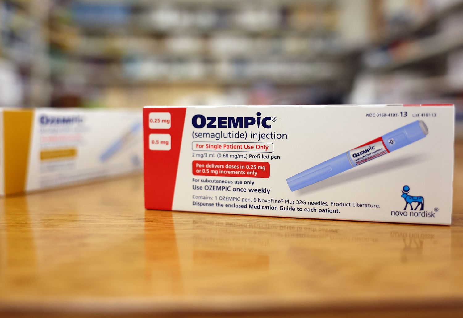 In this photo illustration, boxes of the diabetes drug Ozempic rest on a pharmacy counter on April 17, 2023 in Los Angeles, California. Ozempic was originally approved by the FDA to treat people with Type 2 diabetes- who risk serious health consequences without medication.
