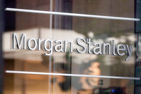 The Morgan Stanley logo is seen on an office window.