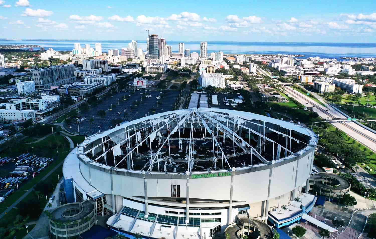 In this aerial view, the domed roof at Tropicana Field, the home of the Tampa Bay Rays, is seen ripped to shreds from Hurricane MiltonÃ­s powerful winds in St. Petersburg. The storm passed through the area on October 10, 2024, making landfall as a Category 3 hurricane in Siesta Key, Florida.
