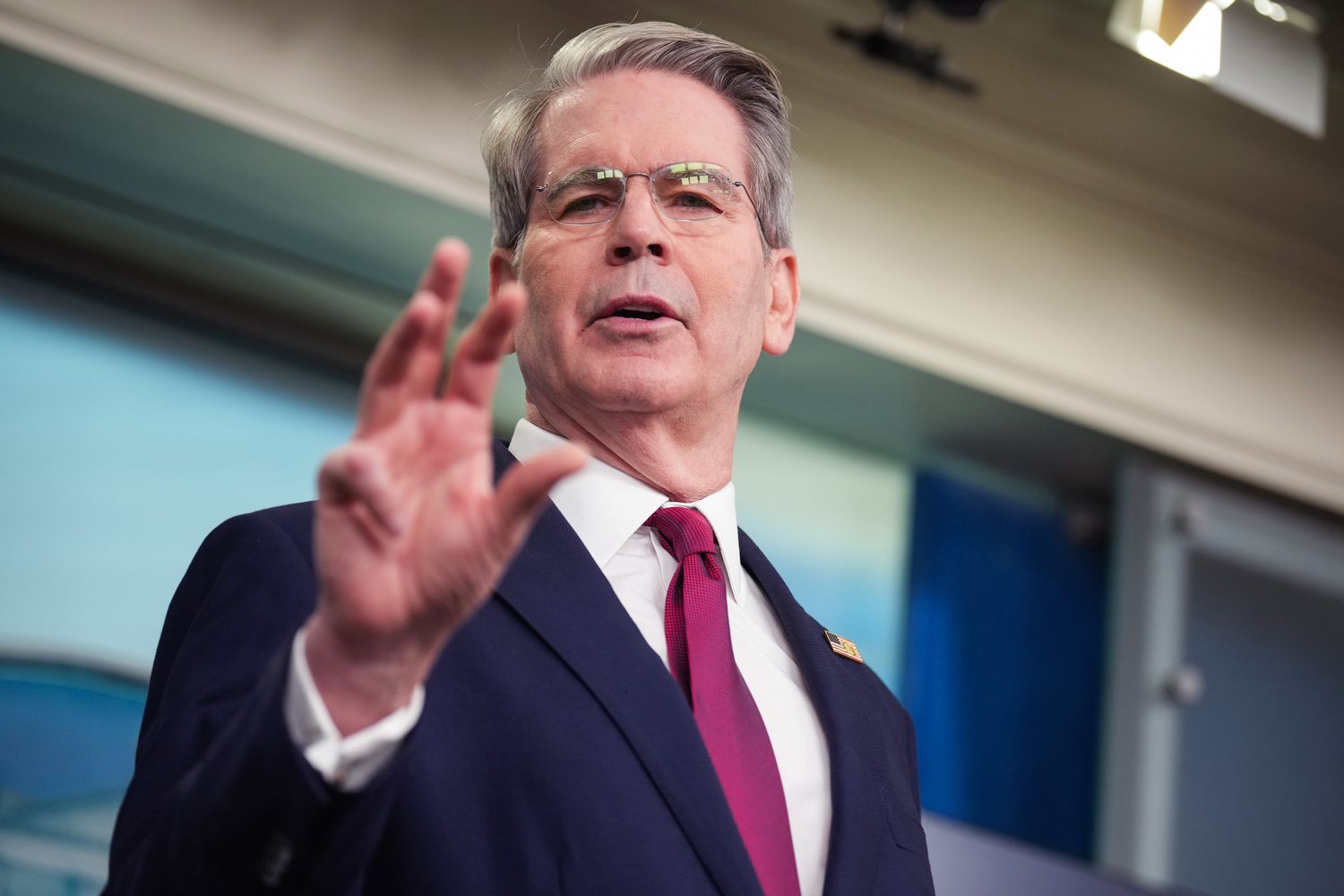 Treasury Secretary Scott Bessent speaks during a briefing in the White House on April 29. 